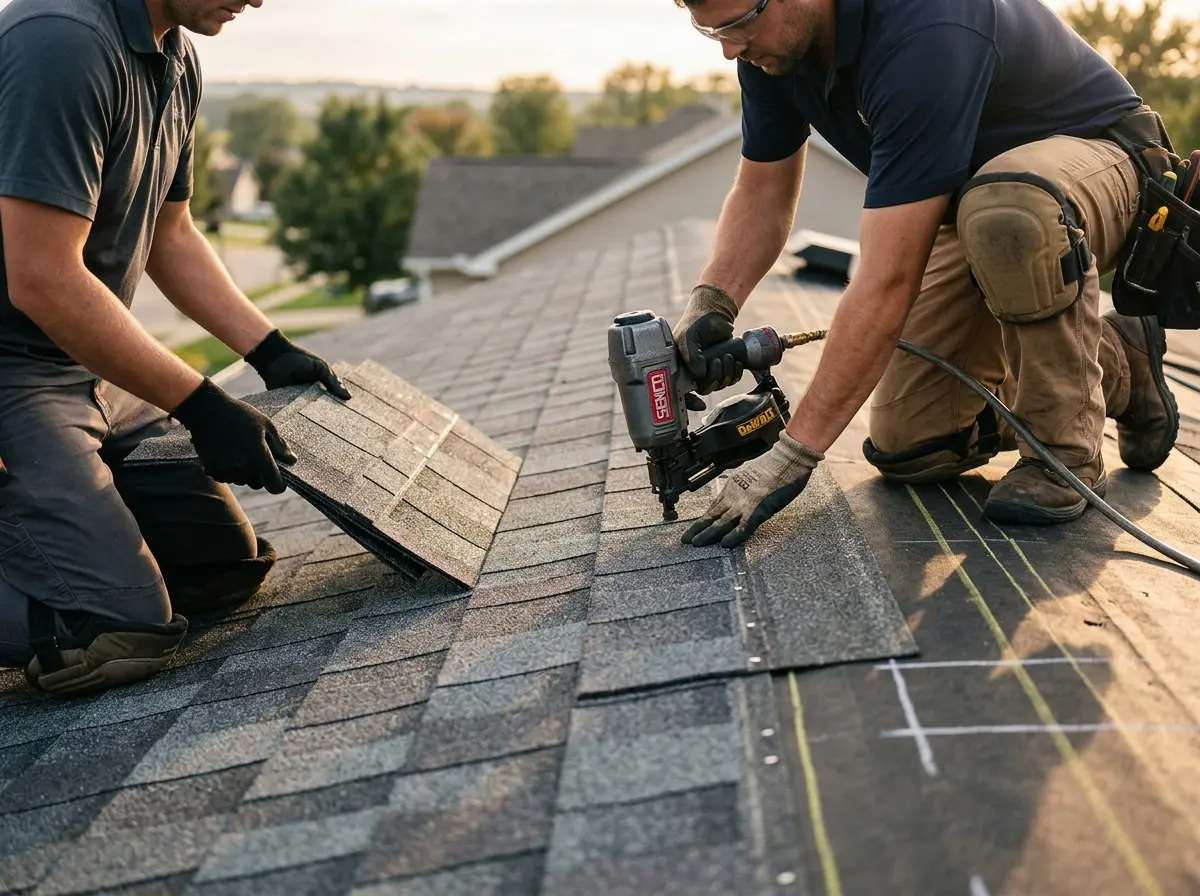 Professional roofer working on a residential roof in St. Johns